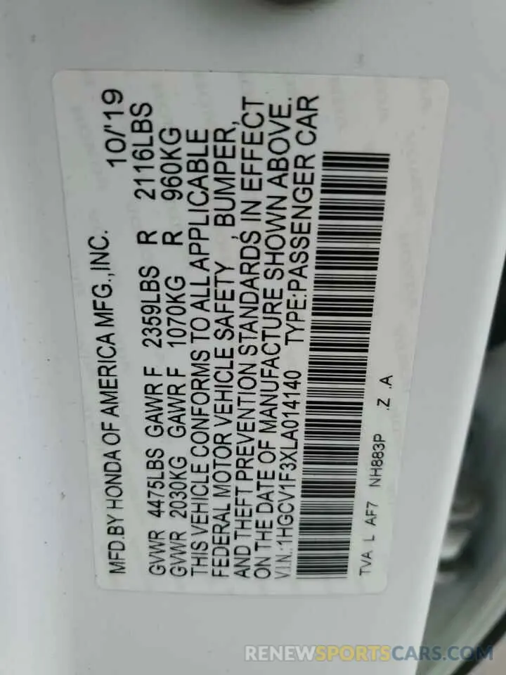 12 Фотография поврежденного автомобиля 1HGCV1F3XLA014140 HONDA ACCORD 2020
