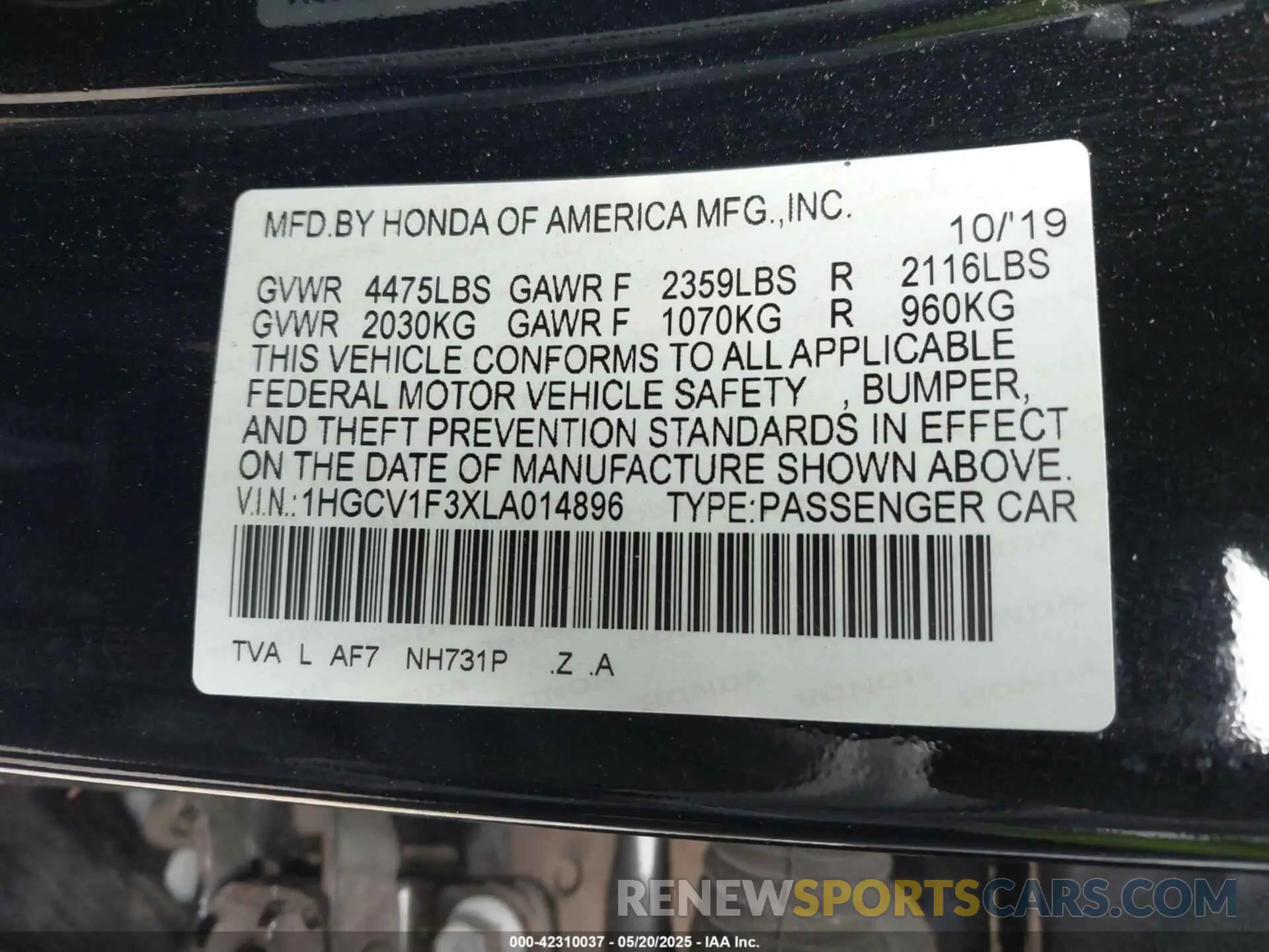 9 Photograph of a damaged car 1HGCV1F3XLA014896 HONDA ACCORD 2020