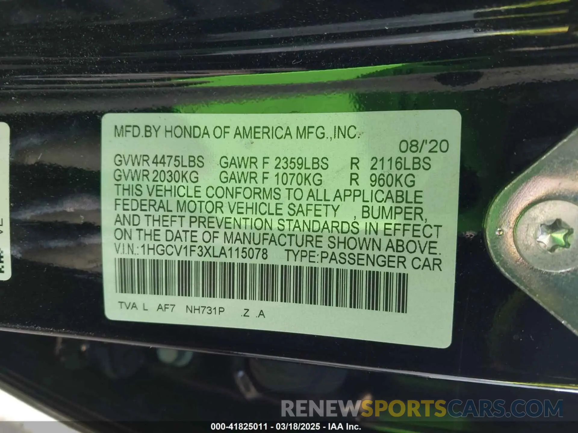 9 Photograph of a damaged car 1HGCV1F3XLA115078 HONDA ACCORD 2020
