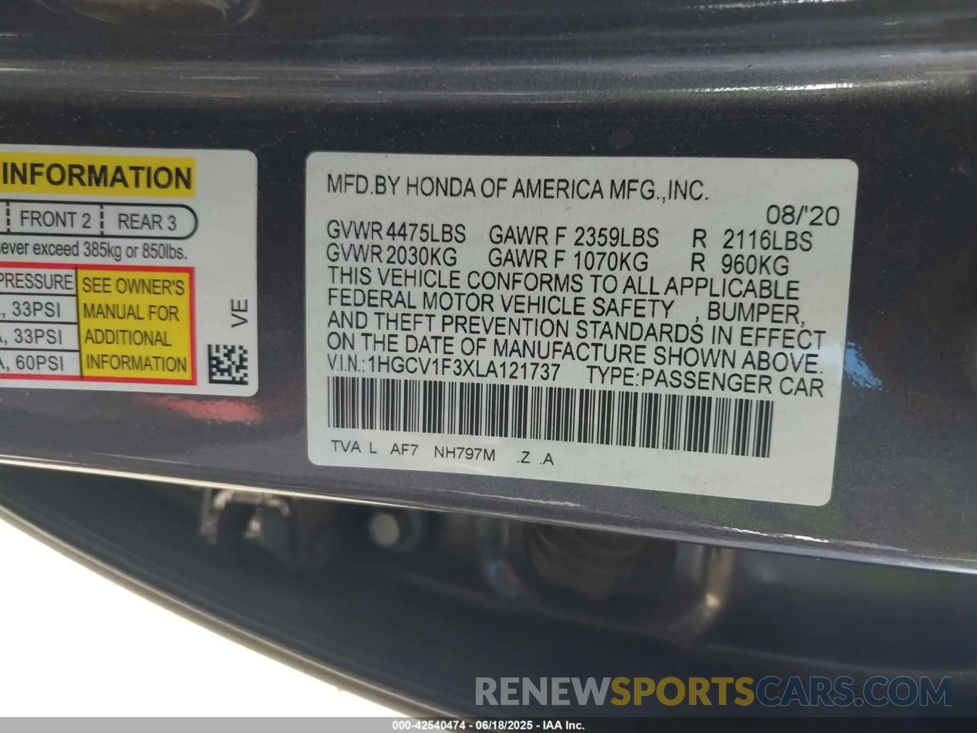 9 Photograph of a damaged car 1HGCV1F3XLA121737 HONDA ACCORD 2020