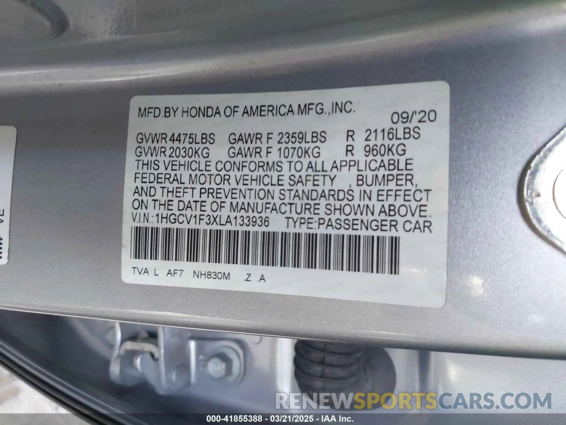 9 Фотография поврежденного автомобиля 1HGCV1F3XLA133936 HONDA ACCORD 2020
