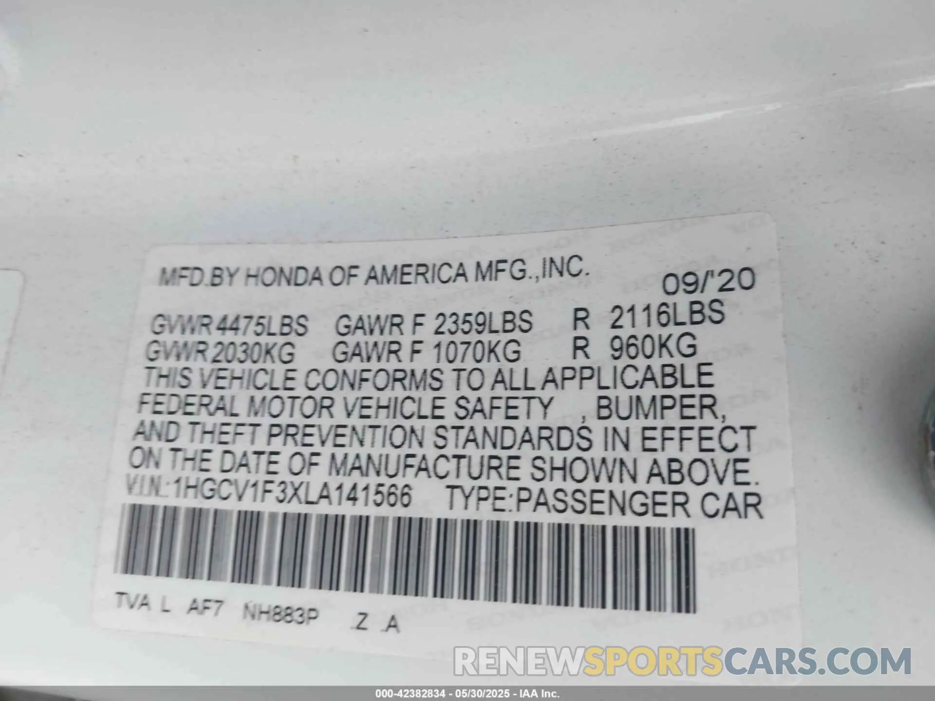 9 Photograph of a damaged car 1HGCV1F3XLA141566 HONDA ACCORD 2020