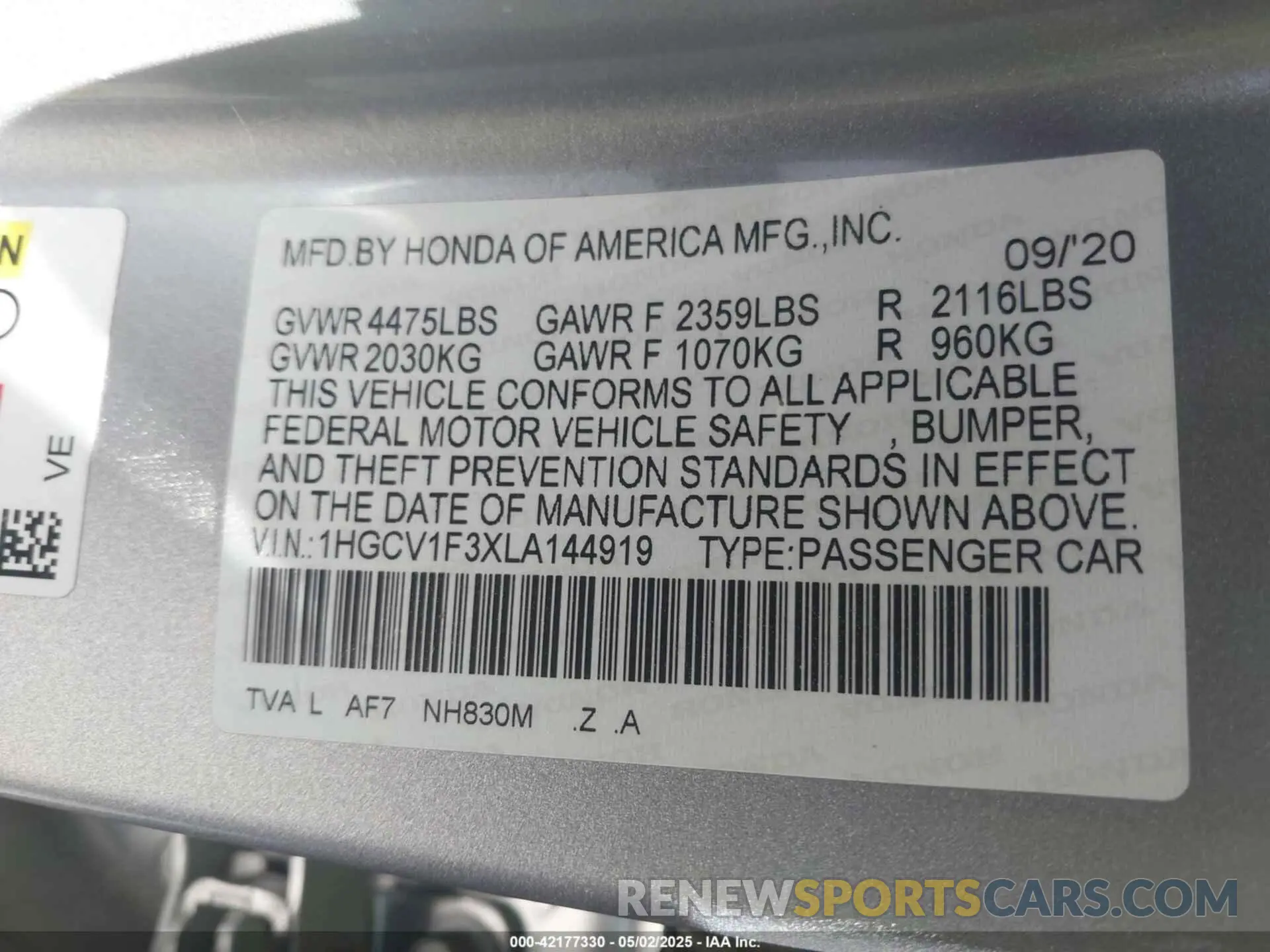 9 Photograph of a damaged car 1HGCV1F3XLA144919 HONDA ACCORD 2020