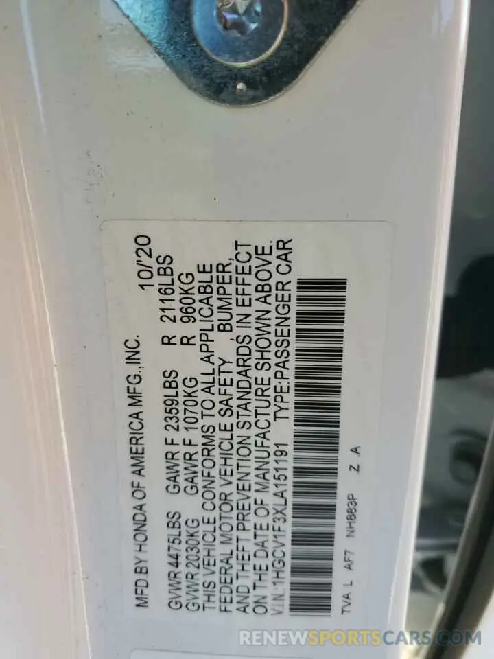 13 Фотография поврежденного автомобиля 1HGCV1F3XLA151191 HONDA ACCORD 2020