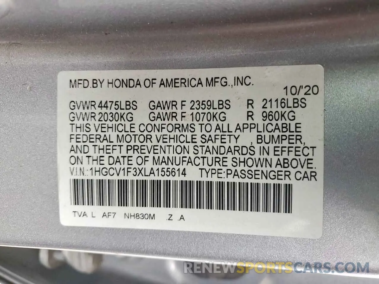 13 Photograph of a damaged car 1HGCV1F3XLA155614 HONDA ACCORD 2020
