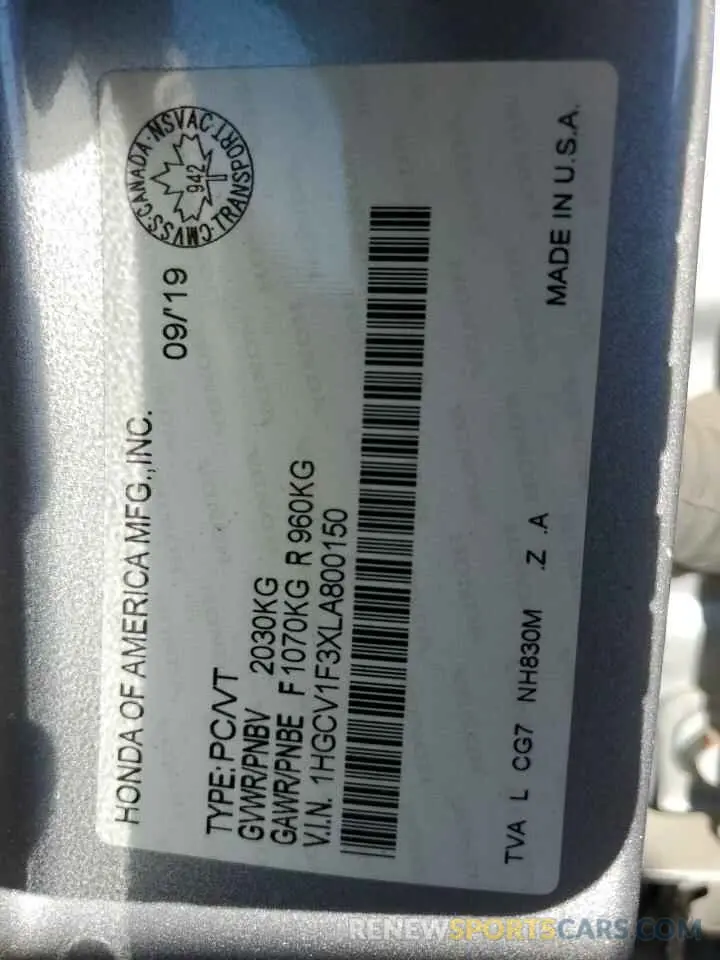 13 Фотография поврежденного автомобиля 1HGCV1F3XLA800150 HONDA ACCORD 2020