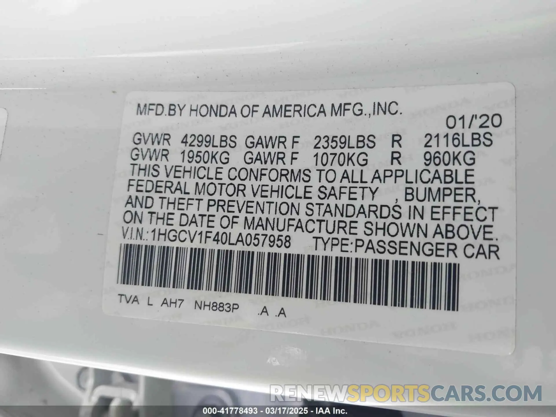 9 Фотография поврежденного автомобиля 1HGCV1F40LA057958 HONDA ACCORD 2020