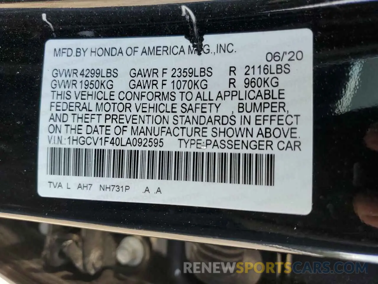 12 Фотография поврежденного автомобиля 1HGCV1F40LA092595 HONDA ACCORD 2020