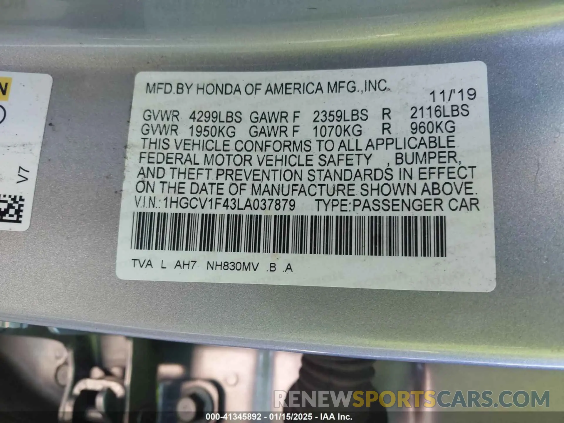 9 Photograph of a damaged car 1HGCV1F43LA037879 HONDA ACCORD 2020
