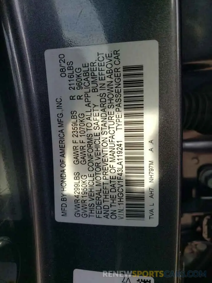 12 Фотография поврежденного автомобиля 1HGCV1F43LA119241 HONDA ACCORD 2020