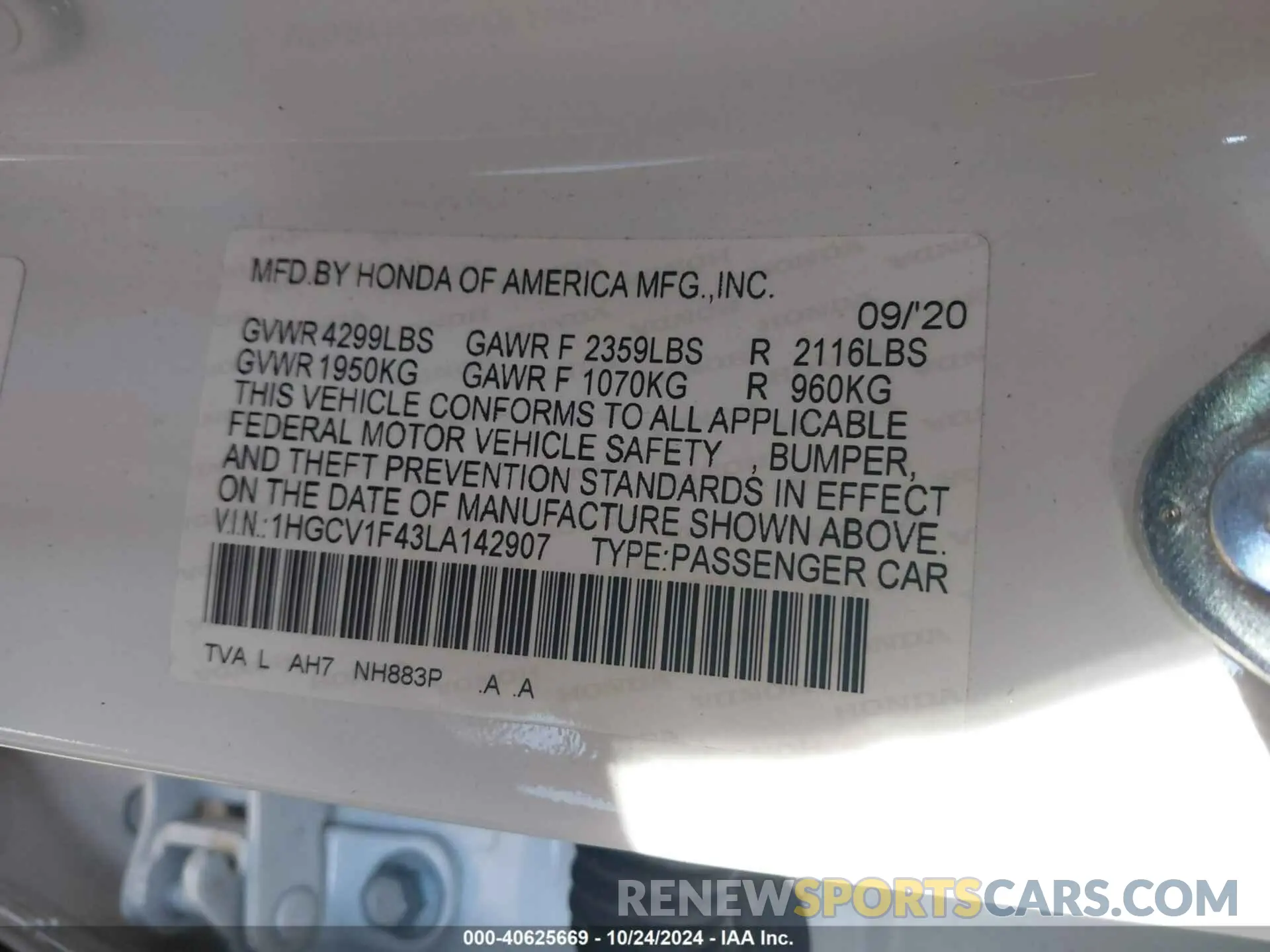 9 Фотография поврежденного автомобиля 1HGCV1F43LA142907 HONDA ACCORD 2020