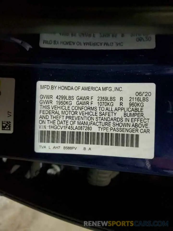 12 Фотография поврежденного автомобиля 1HGCV1F45LA087280 HONDA ACCORD 2020