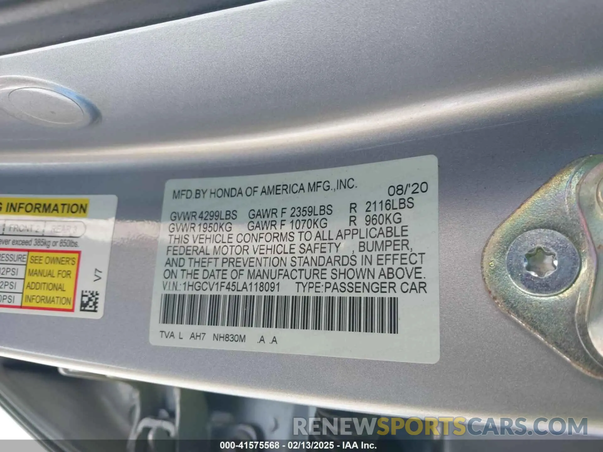 9 Фотография поврежденного автомобиля 1HGCV1F45LA118091 HONDA ACCORD 2020