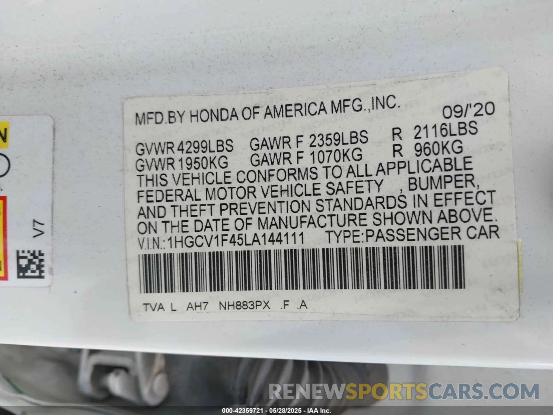 9 Фотография поврежденного автомобиля 1HGCV1F45LA144111 HONDA ACCORD 2020