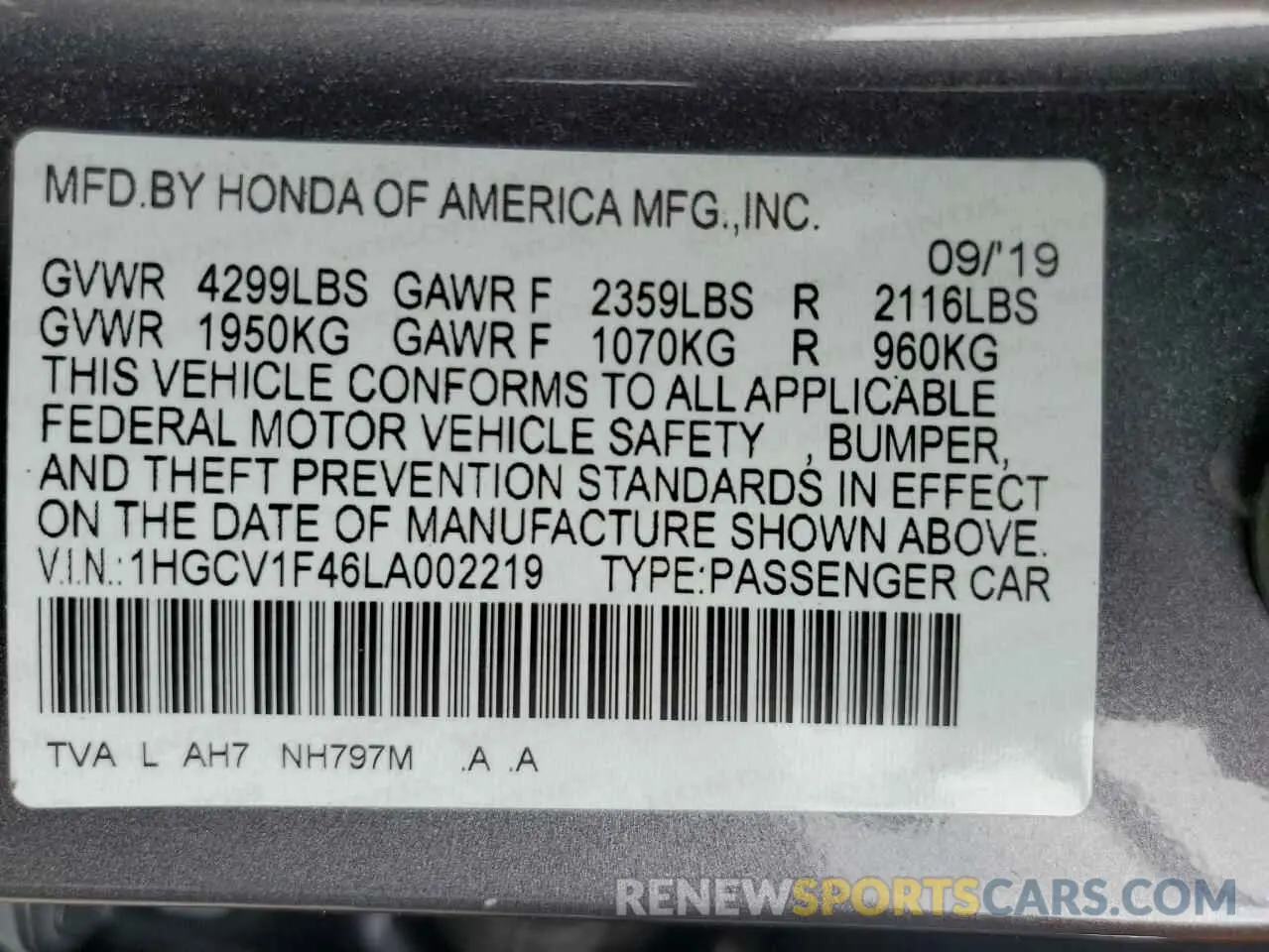 12 Photograph of a damaged car 1HGCV1F46LA002219 HONDA ACCORD 2020