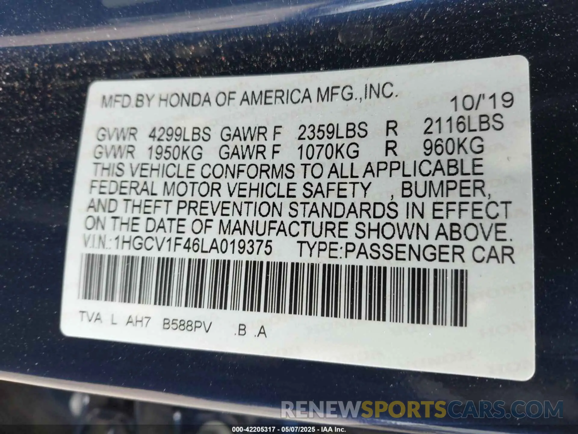 9 Photograph of a damaged car 1HGCV1F46LA019375 HONDA ACCORD 2020