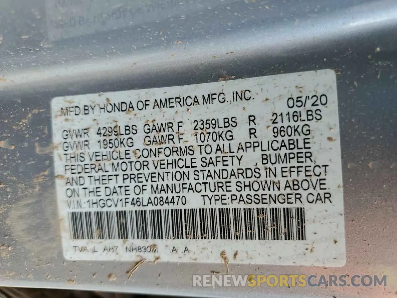 12 Photograph of a damaged car 1HGCV1F46LA084470 HONDA ACCORD 2020