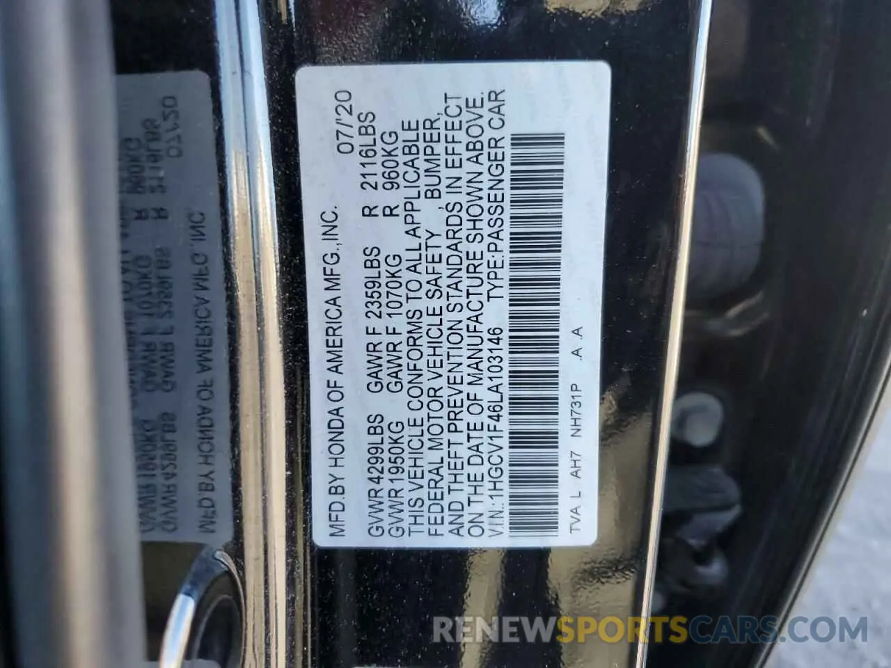 12 Photograph of a damaged car 1HGCV1F46LA103146 HONDA ACCORD 2020