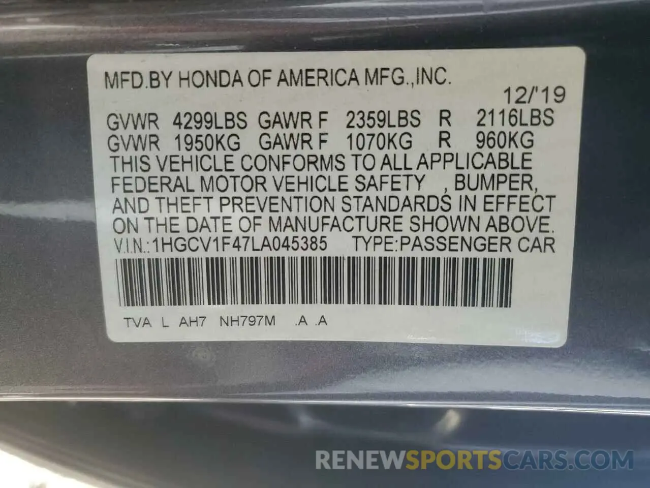 12 Photograph of a damaged car 1HGCV1F47LA045385 HONDA ACCORD 2020