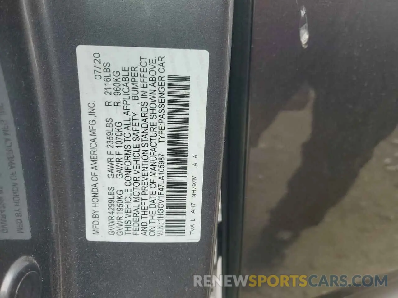 12 Фотография поврежденного автомобиля 1HGCV1F47LA105987 HONDA ACCORD 2020