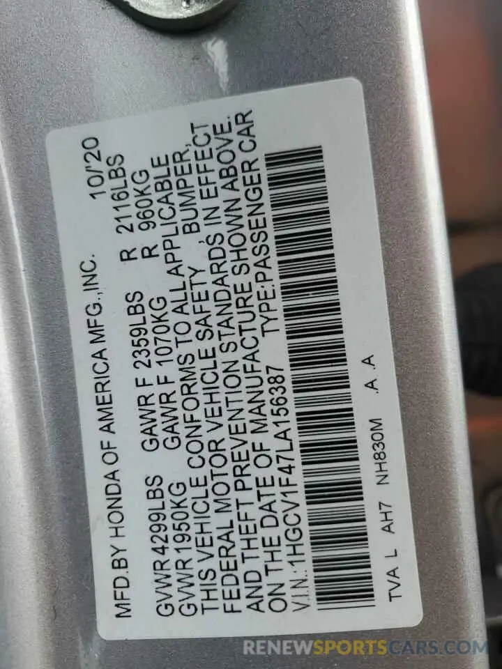 15 Photograph of a damaged car 1HGCV1F47LA156387 HONDA ACCORD 2020