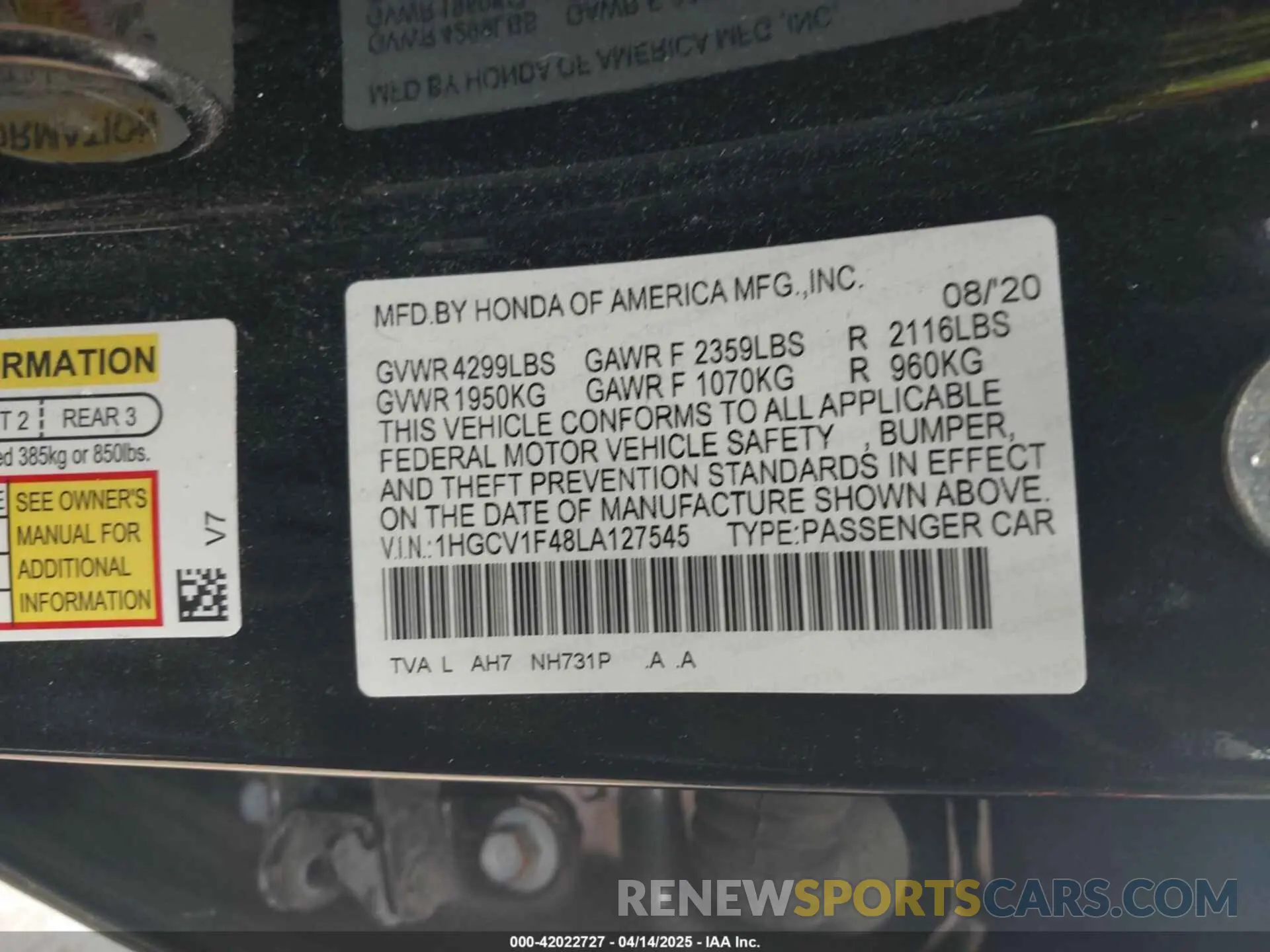9 Фотография поврежденного автомобиля 1HGCV1F48LA127545 HONDA ACCORD 2020