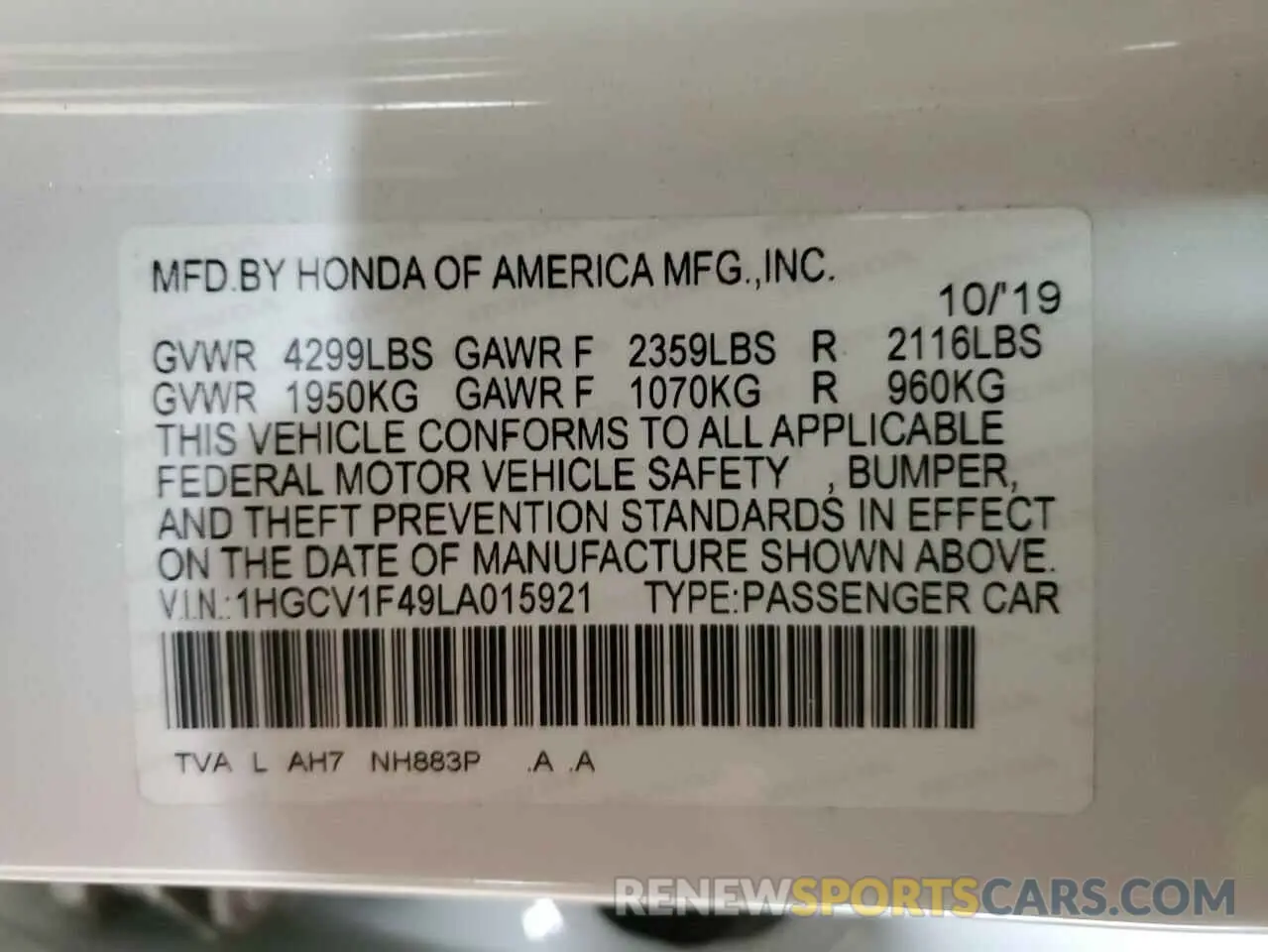 14 Photograph of a damaged car 1HGCV1F49LA015921 HONDA ACCORD 2020