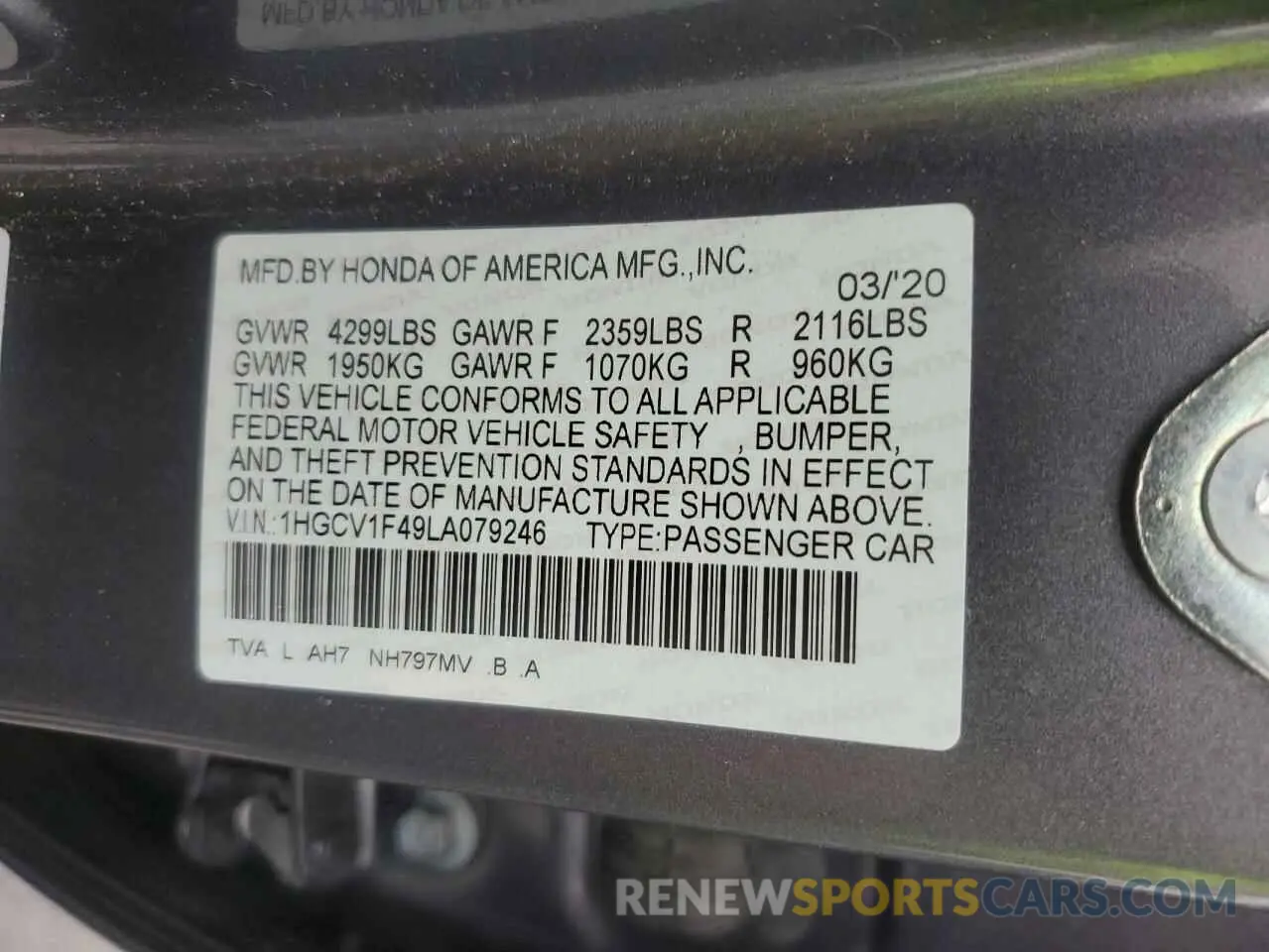 12 Фотография поврежденного автомобиля 1HGCV1F49LA079246 HONDA ACCORD 2020