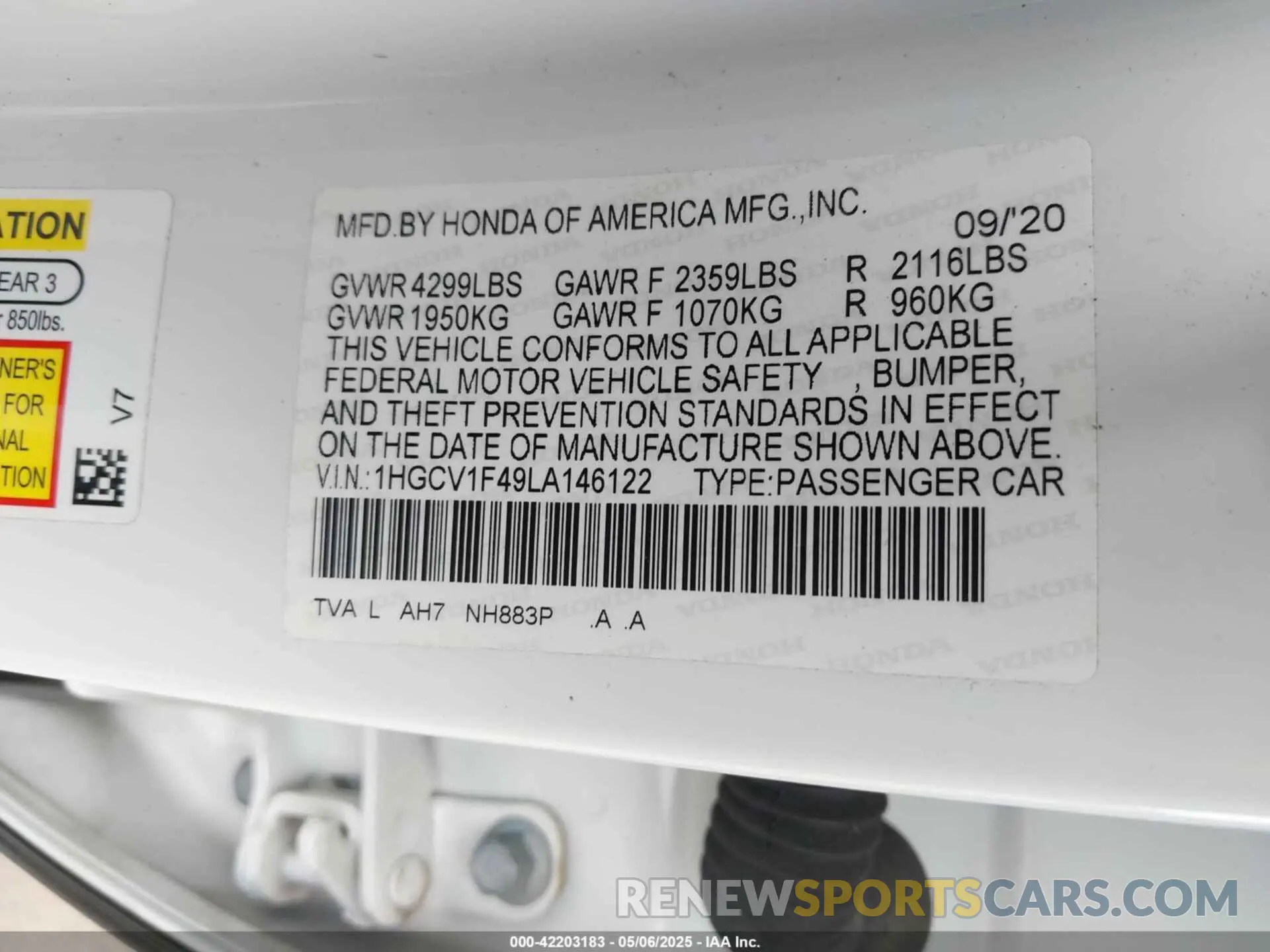 9 Photograph of a damaged car 1HGCV1F49LA146122 HONDA ACCORD 2020