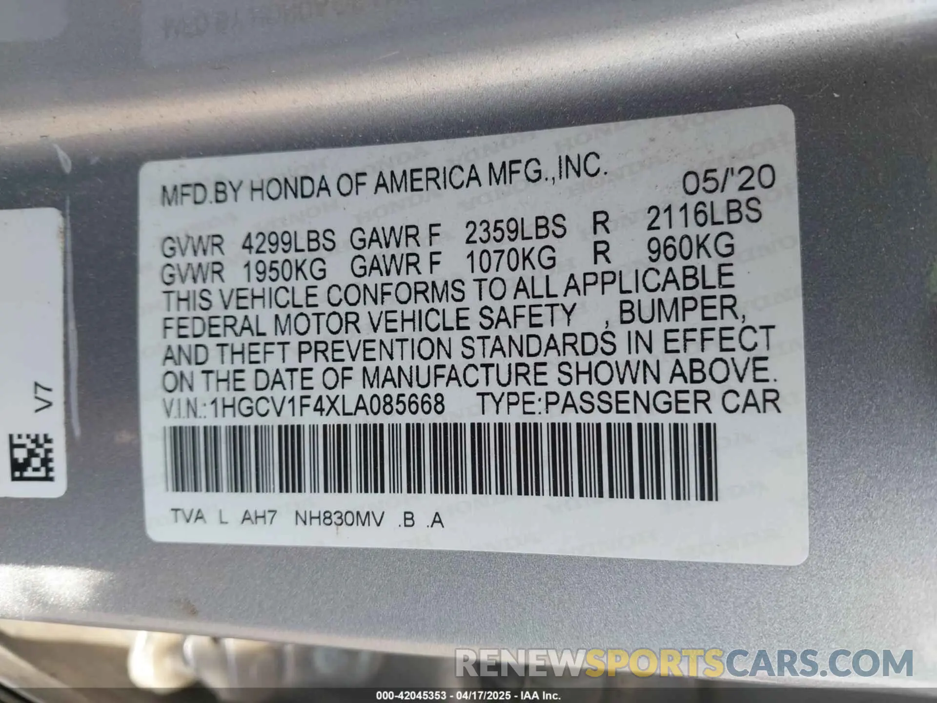9 Фотография поврежденного автомобиля 1HGCV1F4XLA085668 HONDA ACCORD 2020