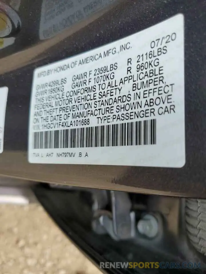 12 Фотография поврежденного автомобиля 1HGCV1F4XLA101688 HONDA ACCORD 2020