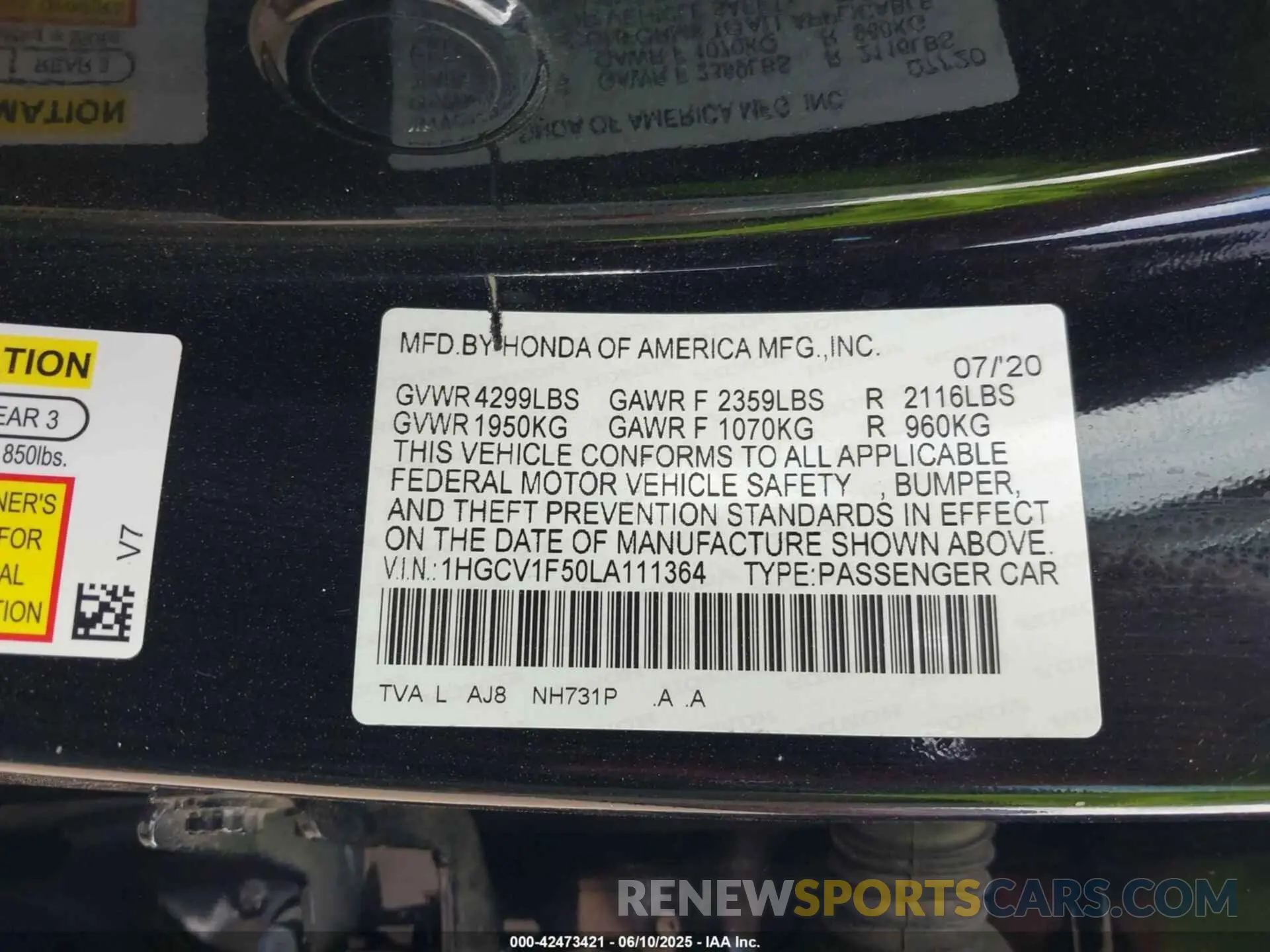 9 Фотография поврежденного автомобиля 1HGCV1F50LA111364 HONDA ACCORD 2020