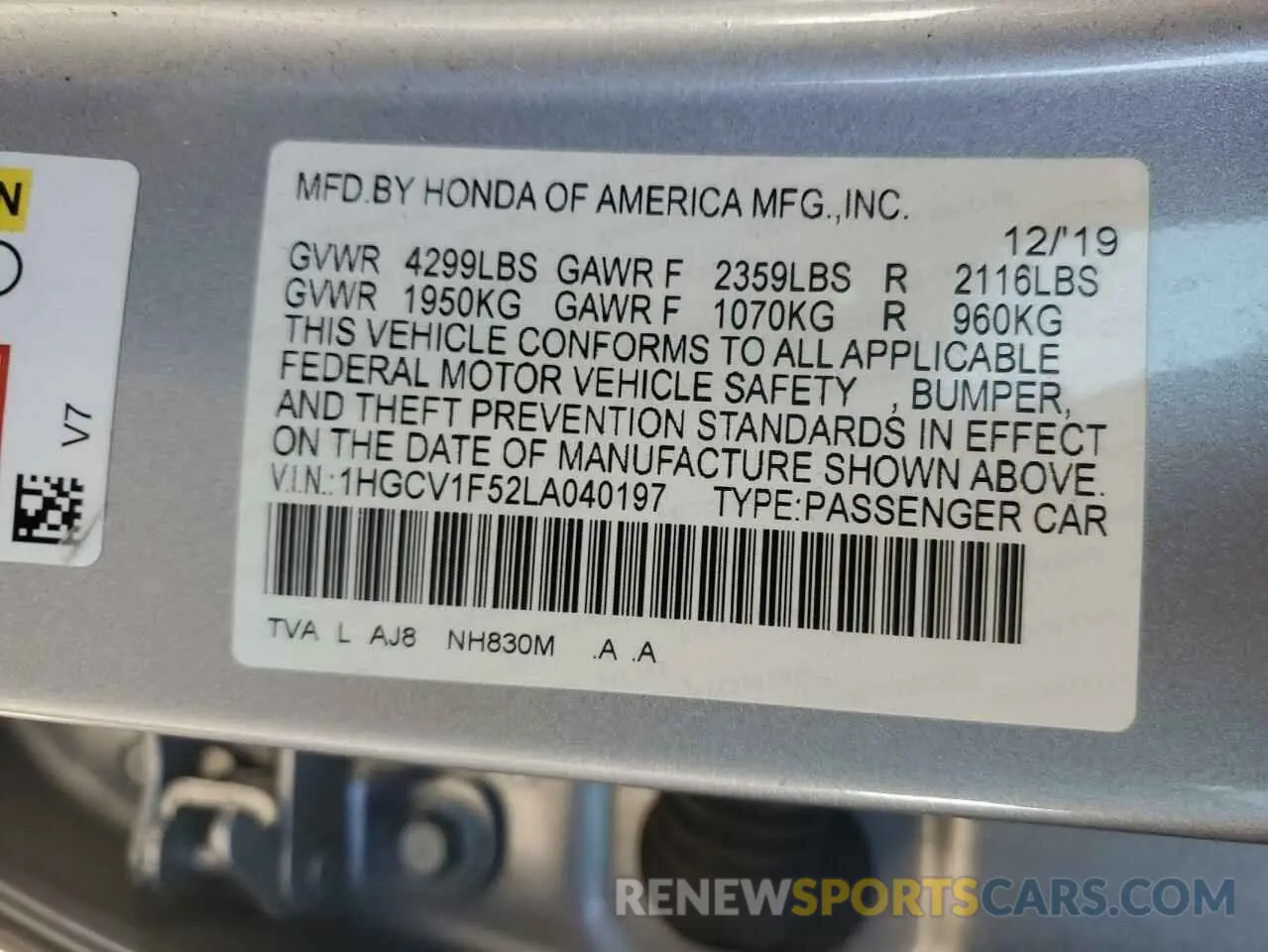 12 Фотография поврежденного автомобиля 1HGCV1F52LA040197 HONDA ACCORD 2020