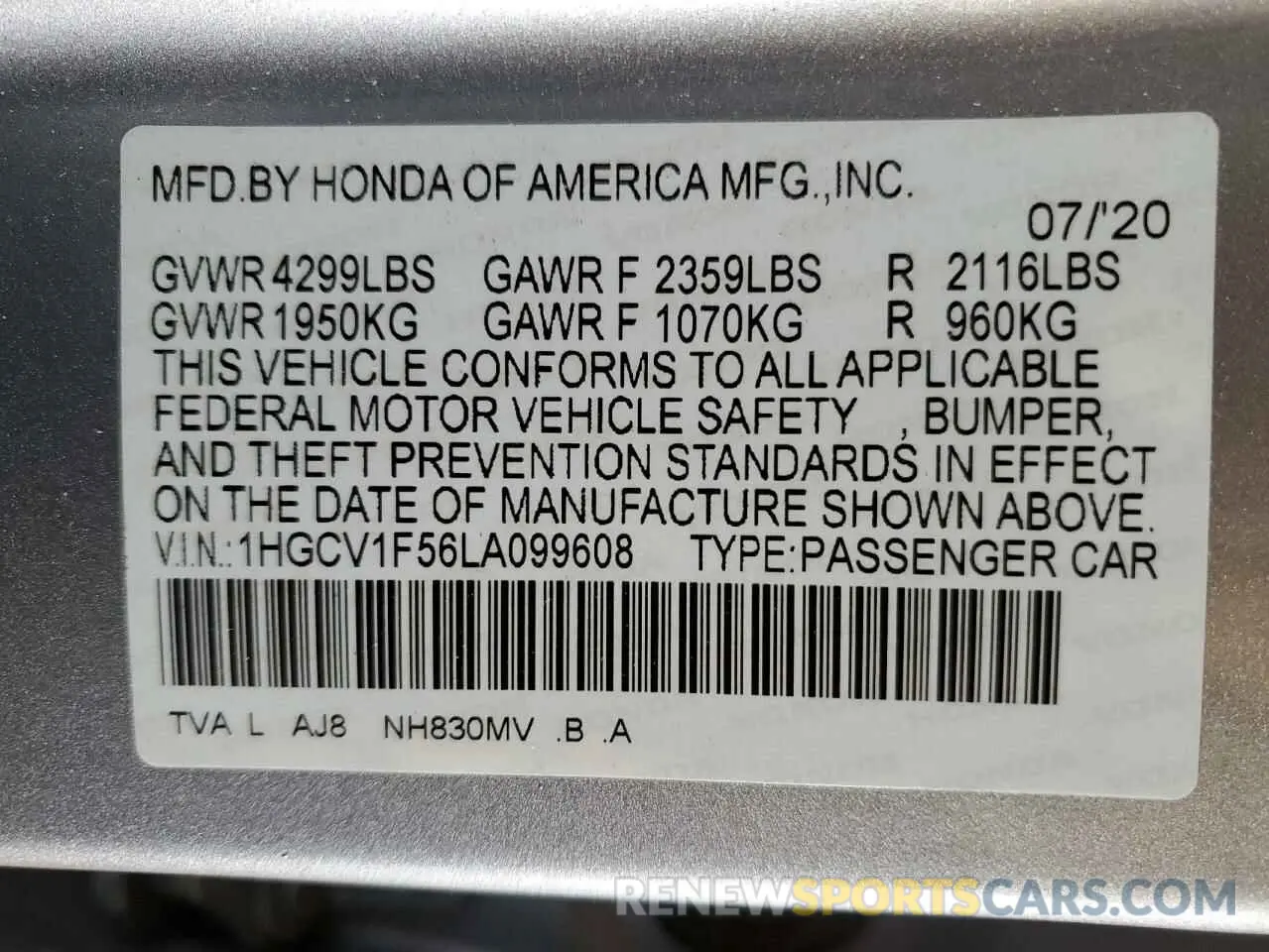 12 Фотография поврежденного автомобиля 1HGCV1F56LA099608 HONDA ACCORD 2020
