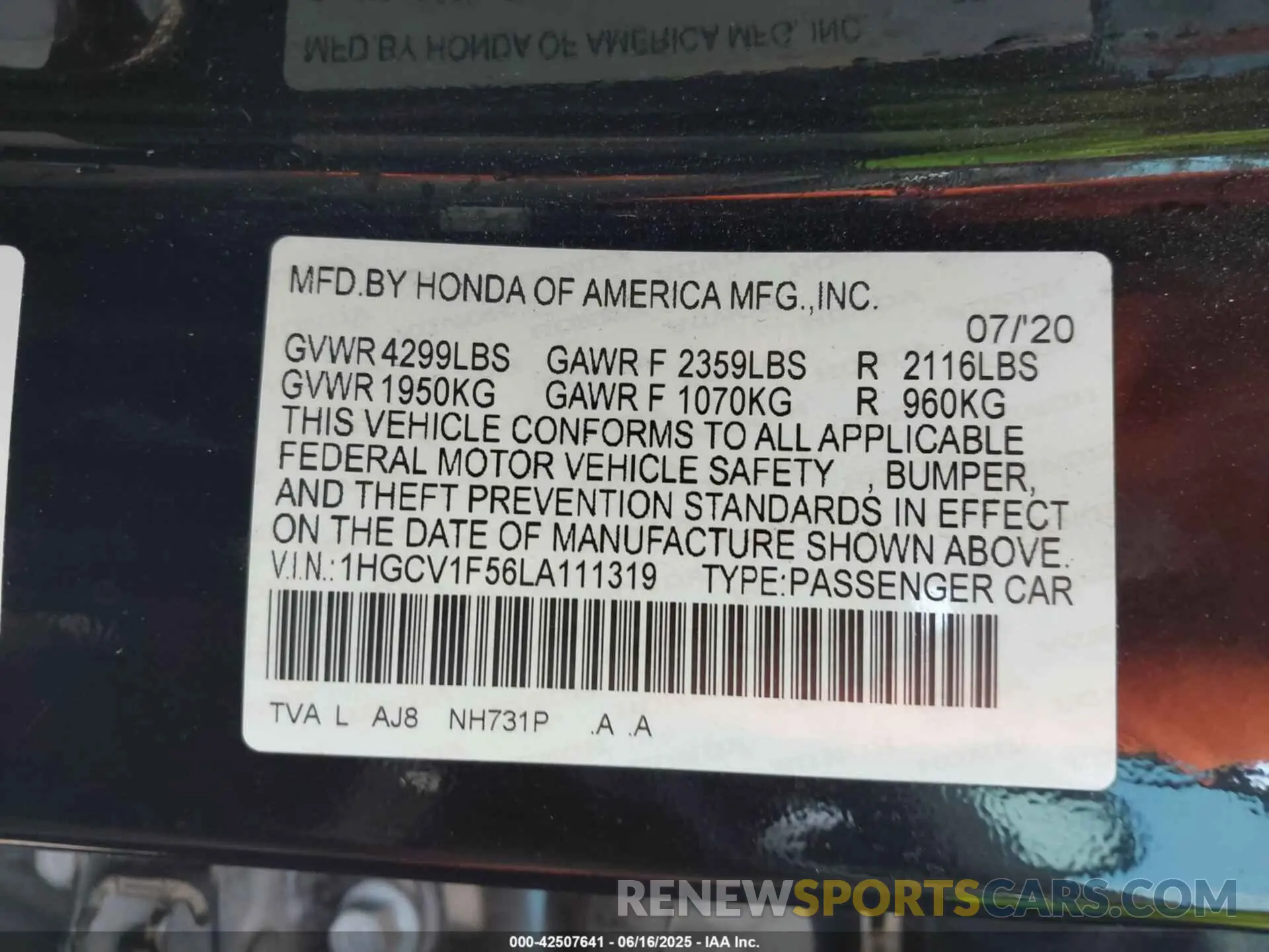 9 Photograph of a damaged car 1HGCV1F56LA111319 HONDA ACCORD 2020