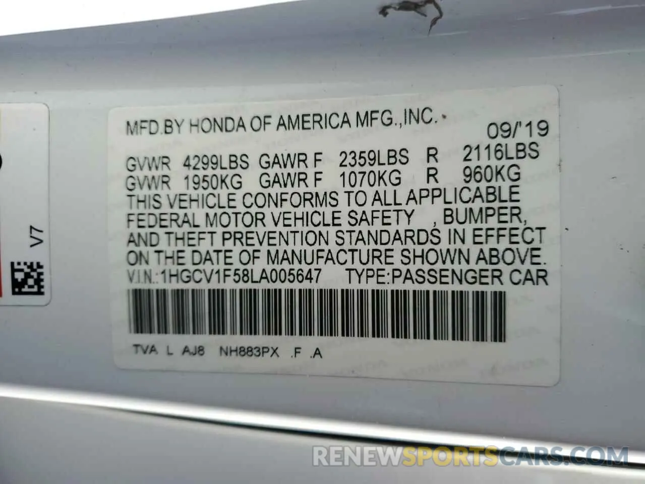 13 Фотография поврежденного автомобиля 1HGCV1F58LA005647 HONDA ACCORD 2020