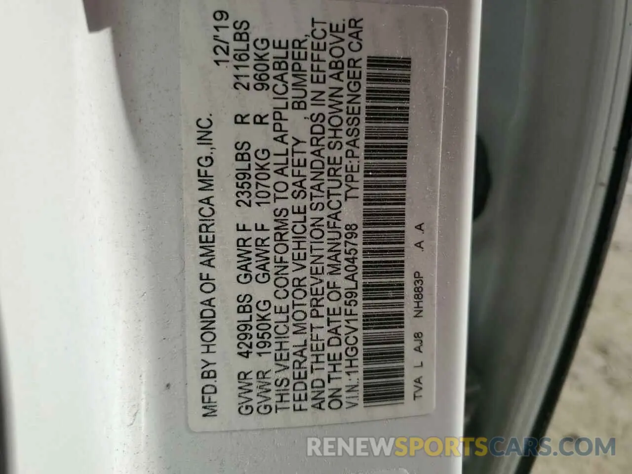 12 Фотография поврежденного автомобиля 1HGCV1F59LA045798 HONDA ACCORD 2020