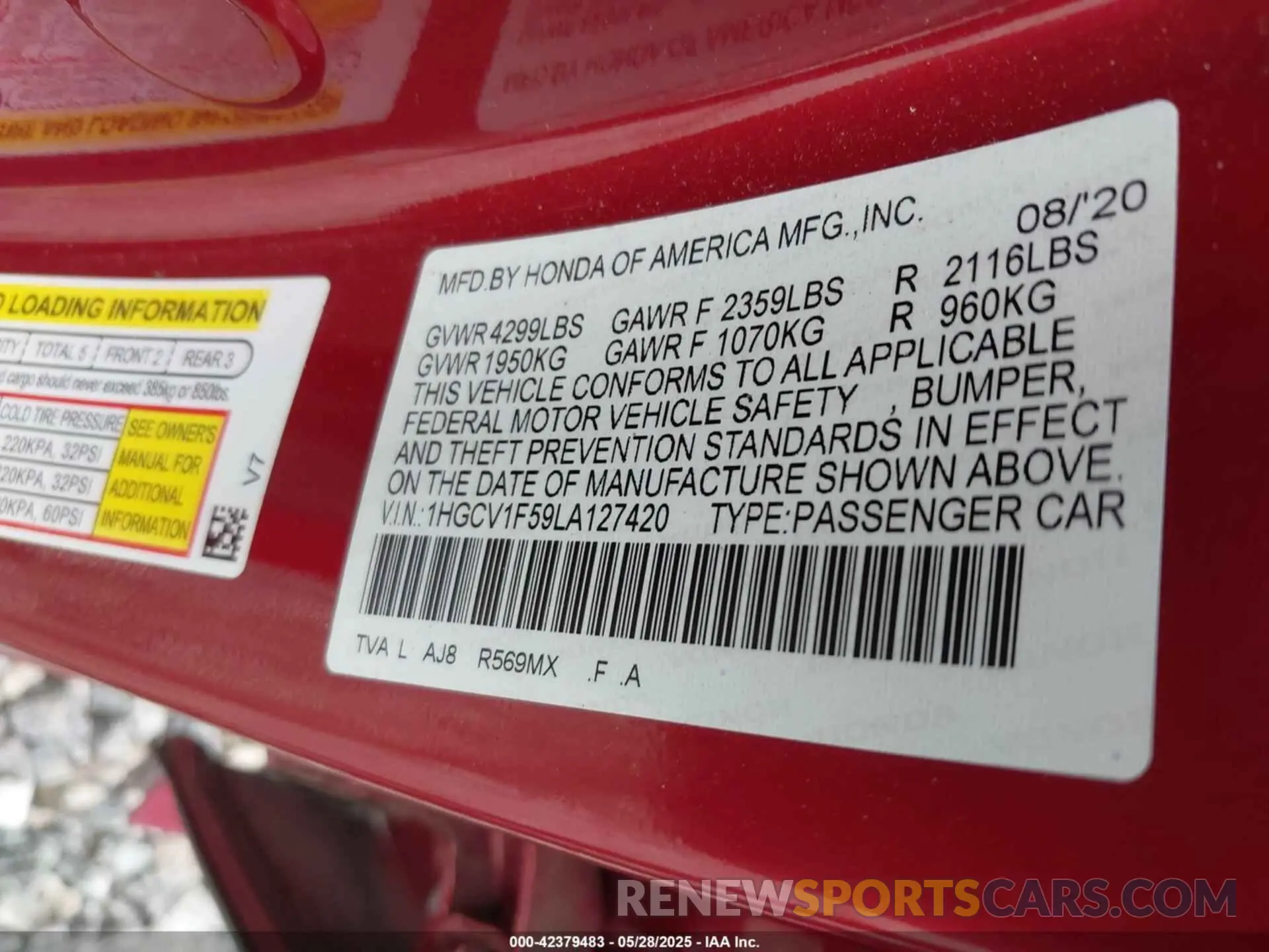 9 Photograph of a damaged car 1HGCV1F59LA127420 HONDA ACCORD 2020