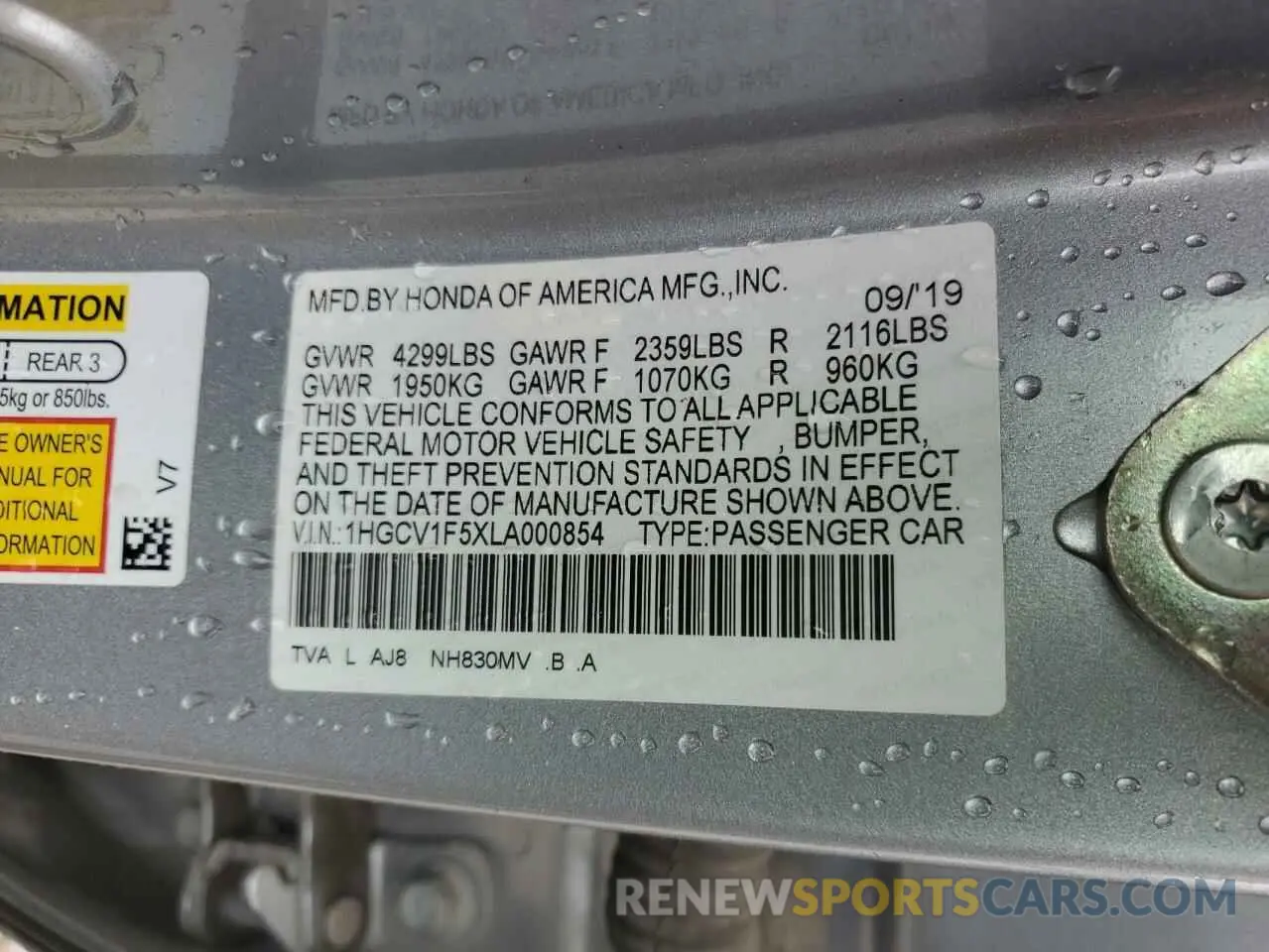 12 Фотография поврежденного автомобиля 1HGCV1F5XLA000854 HONDA ACCORD 2020