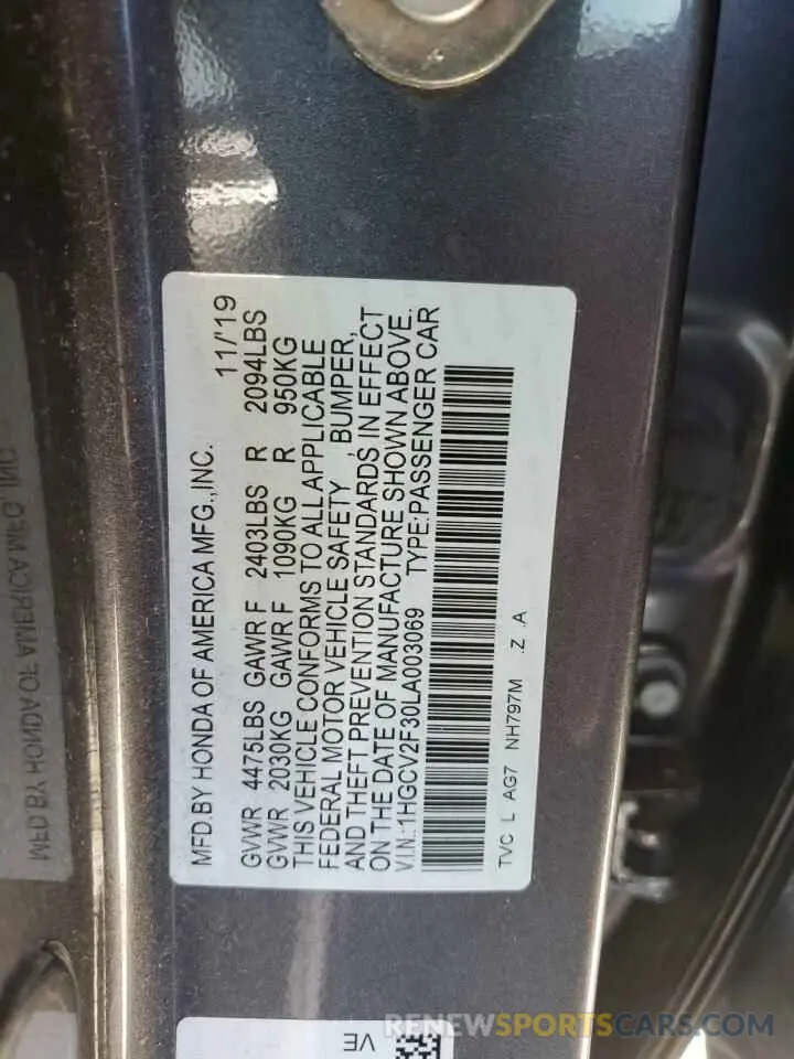 12 Фотография поврежденного автомобиля 1HGCV2F30LA003069 HONDA ACCORD 2020
