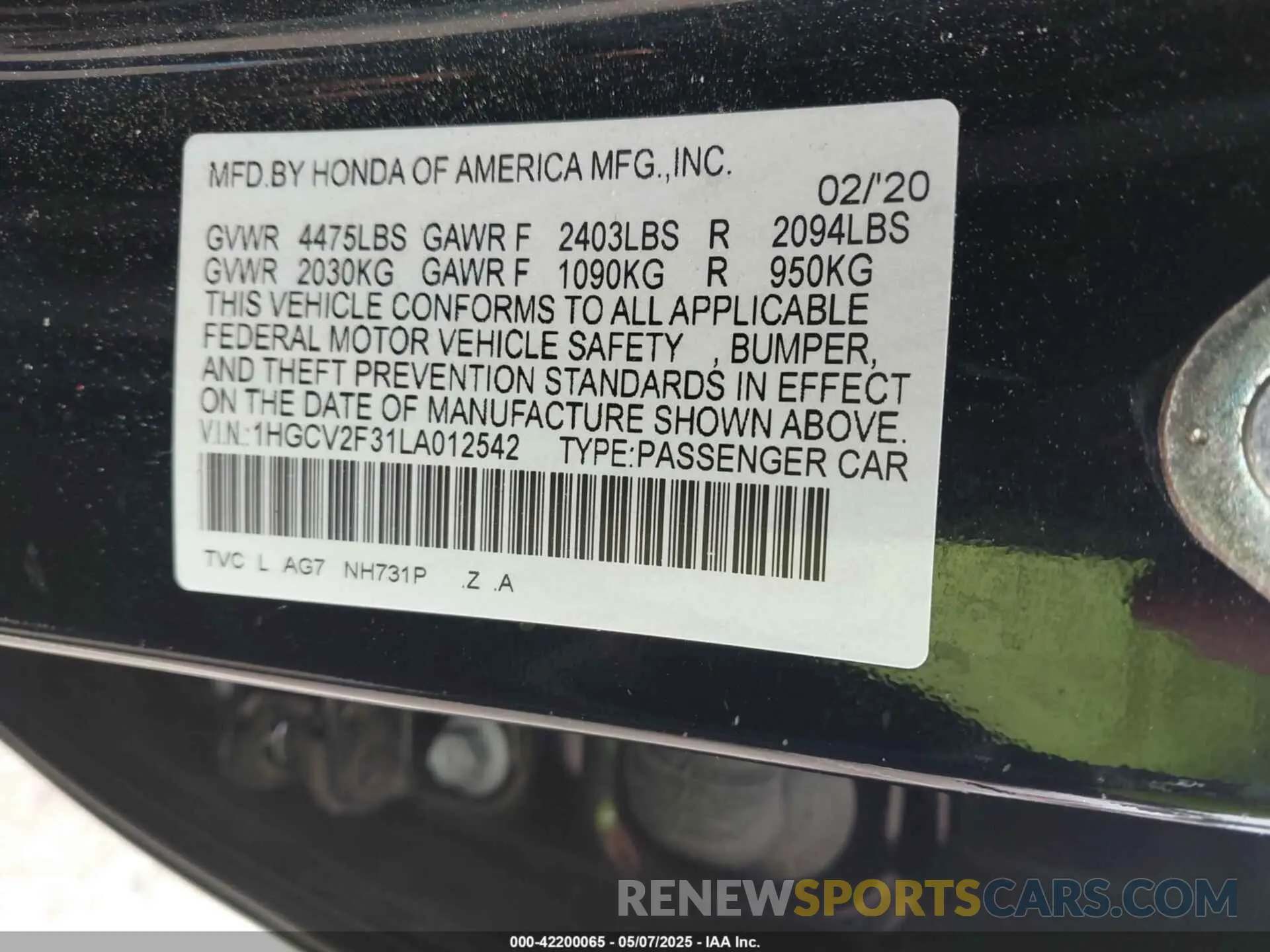 9 Photograph of a damaged car 1HGCV2F31LA012542 HONDA ACCORD 2020