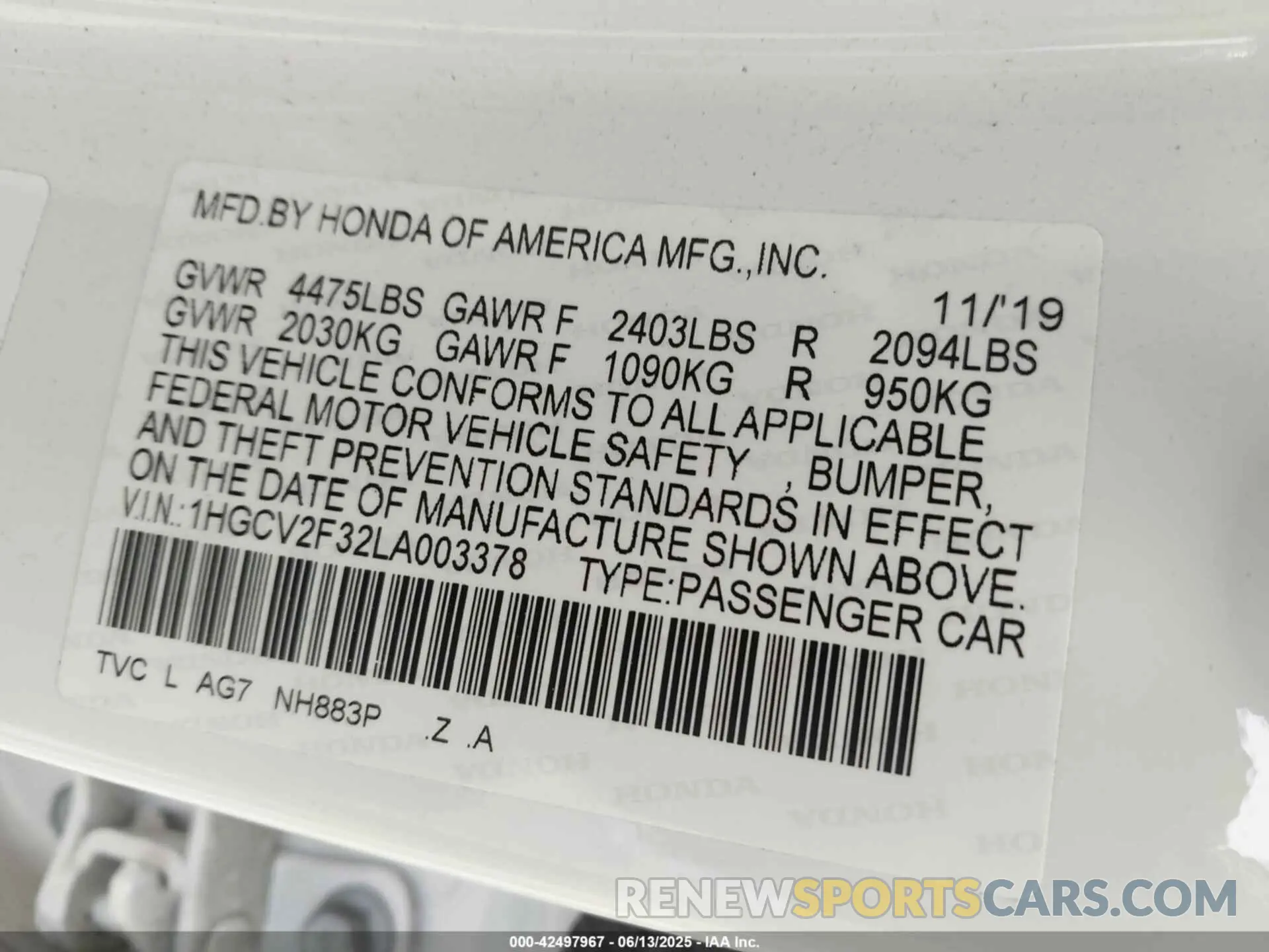 9 Photograph of a damaged car 1HGCV2F32LA003378 HONDA ACCORD 2020