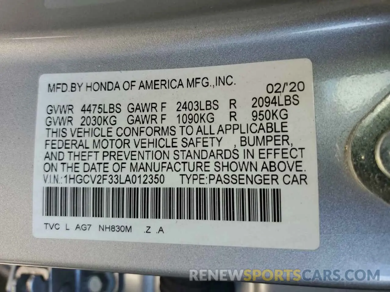 13 Фотография поврежденного автомобиля 1HGCV2F33LA012350 HONDA ACCORD 2020