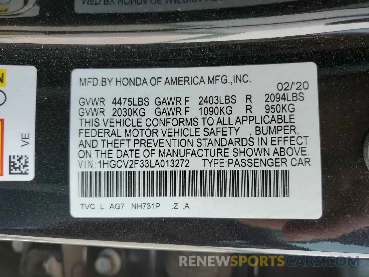 14 Photograph of a damaged car 1HGCV2F33LA013272 HONDA ACCORD 2020