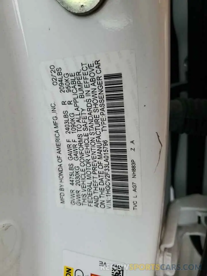 13 Фотография поврежденного автомобиля 1HGCV2F33LA015796 HONDA ACCORD 2020