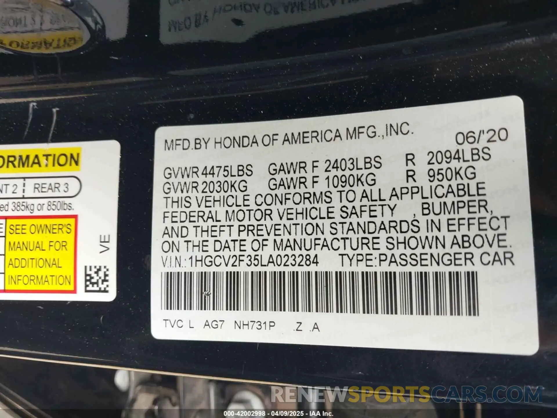 9 Фотография поврежденного автомобиля 1HGCV2F35LA023284 HONDA ACCORD 2020