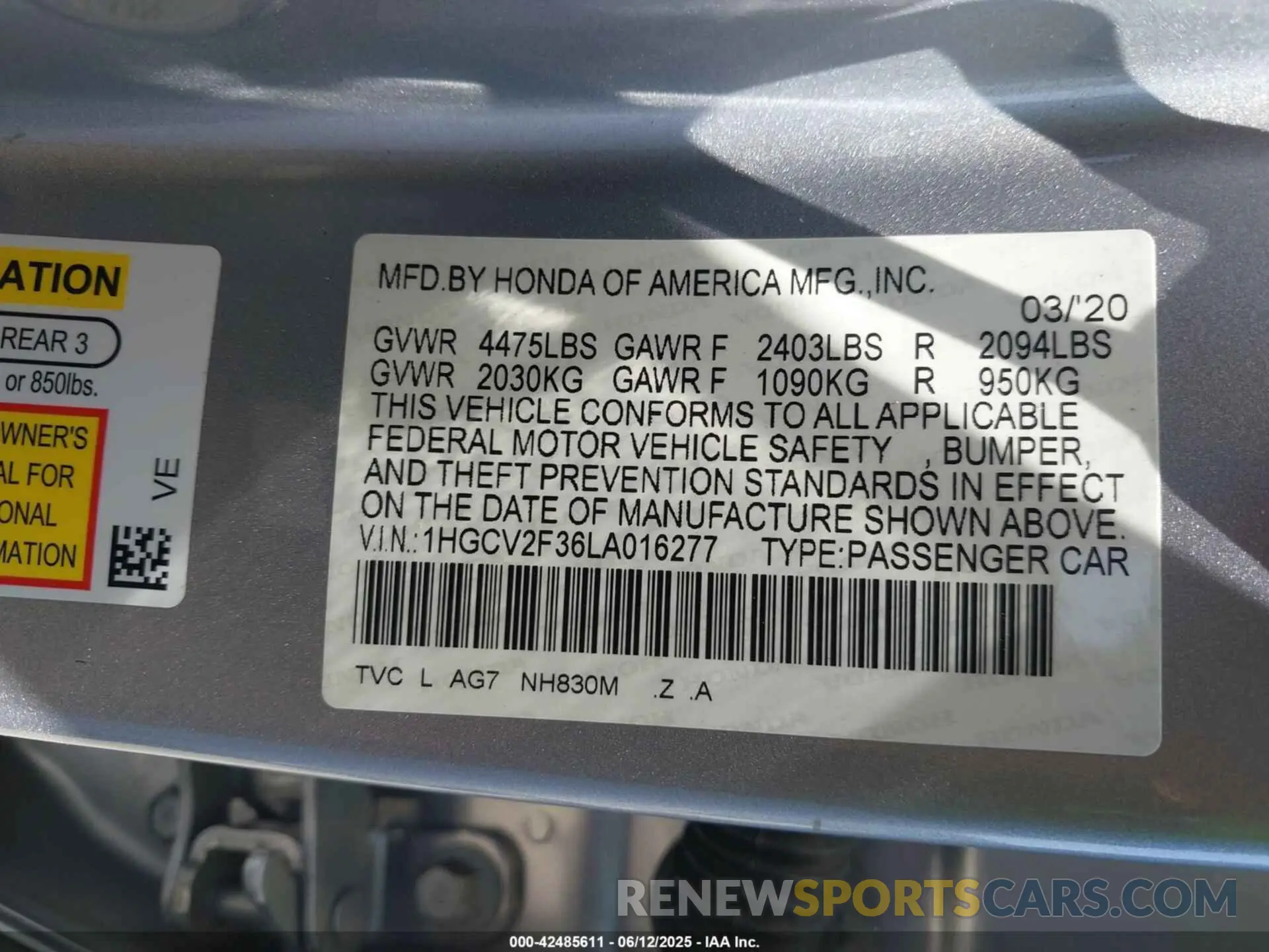 9 Фотография поврежденного автомобиля 1HGCV2F36LA016277 HONDA ACCORD 2020