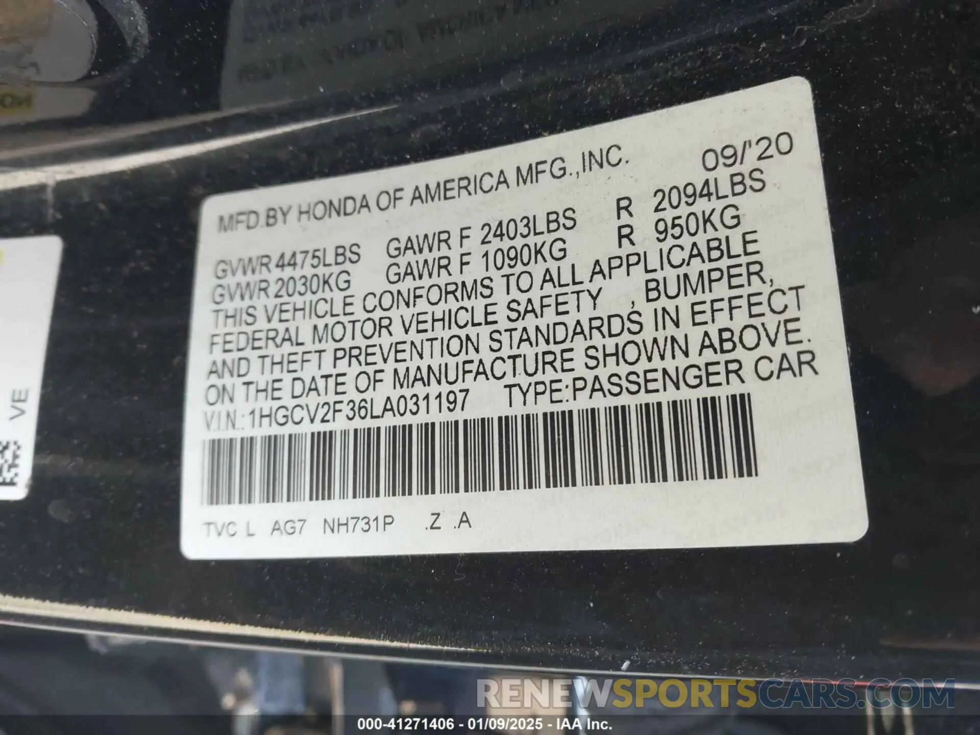 9 Photograph of a damaged car 1HGCV2F36LA031197 HONDA ACCORD 2020