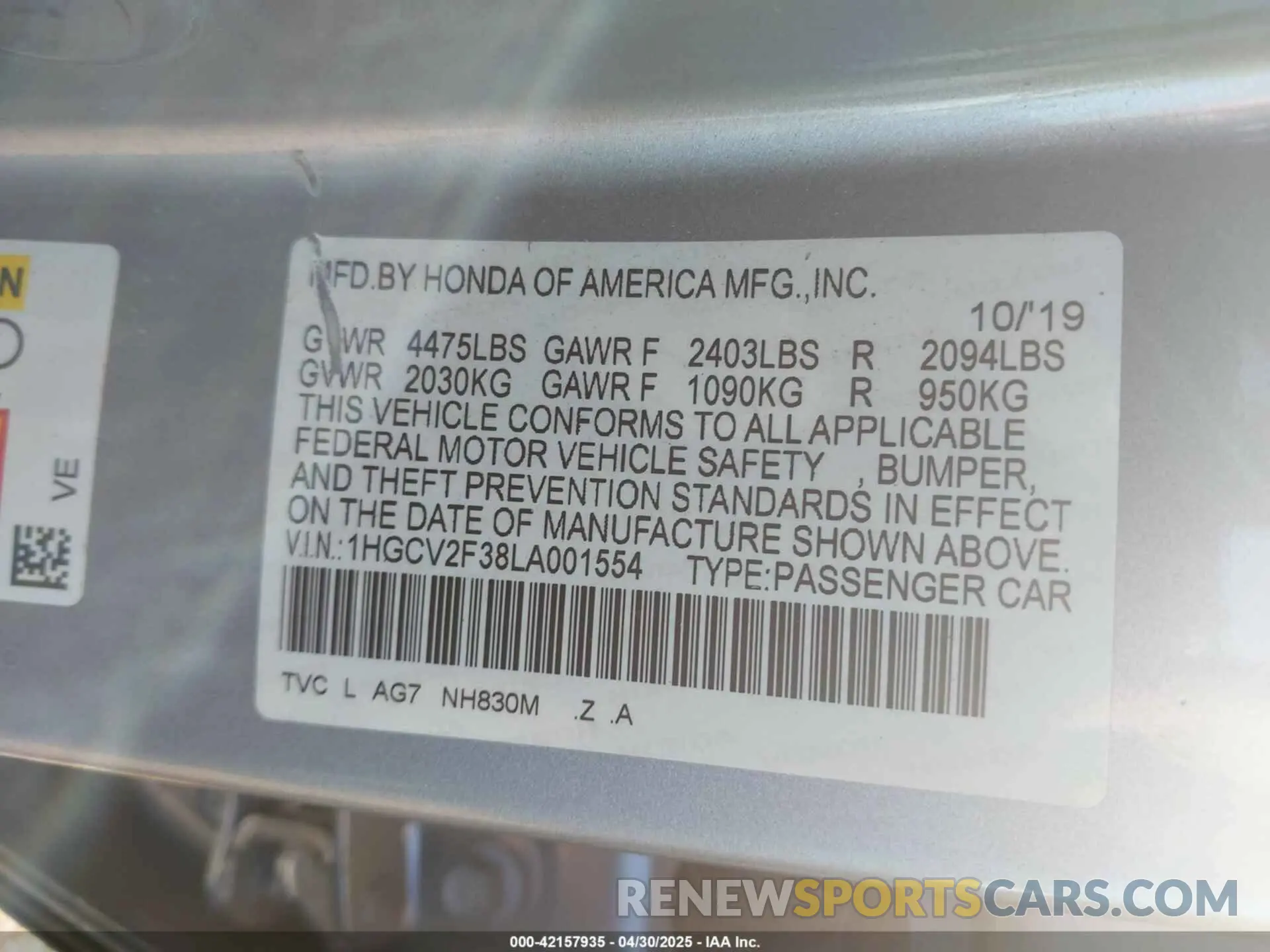 9 Фотография поврежденного автомобиля 1HGCV2F38LA001554 HONDA ACCORD 2020