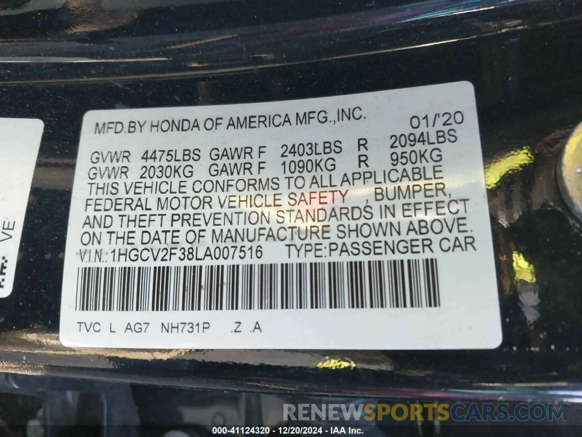 9 Photograph of a damaged car 1HGCV2F38LA007516 HONDA ACCORD 2020